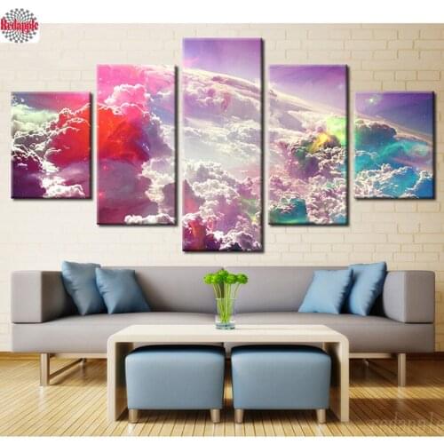 5D Diy Full Square round Diamond Painting Cross Stitch 3d Diamond Embroidery 5 Panel Colorful Clouds Landscape Living Room Decor