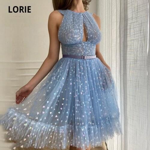 LORIE Shiny Fairy Prom Dresses Glitter Love Tulle O-Neck Short Light Blue Celebrity Wedding Party Dress for Graduation Cocktail