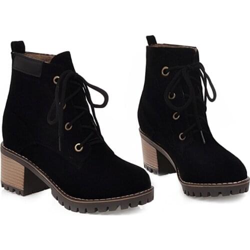 Ankle Boots Women Thick heel High Heels Female Lace Up Suede Shoes fashion Ladies Short Boot