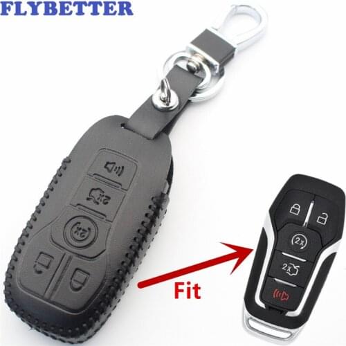 FLYBETTER Genuine Leather 5Button Smart Key Case Cover For Ford Fusion/Explorer/Edge/Mustang/F-150 Car Styling L505