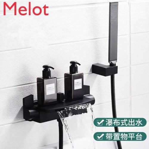 Black Waterfall Bathtub Faucet Wall-Mounted Tank Side Hot and Cold Faucet Bath Barrel Wooden Barrel Bath Shower Head Set