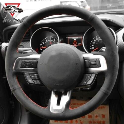 DIY Black Suede Leather Car Steering Wheel Cover for Ford Mustang Accessories Leather steering wheel over fur