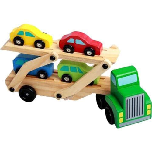 Simulation Wooden Double Decker Truck Car Carrier Toy Kids Gifts 4 Mini Cars