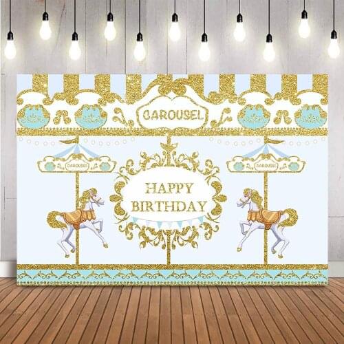 Carousel Birthday Backdrop Boy Blue Happy Birthday Party Decoration Kids Portrait Background for Party Decoration Banner