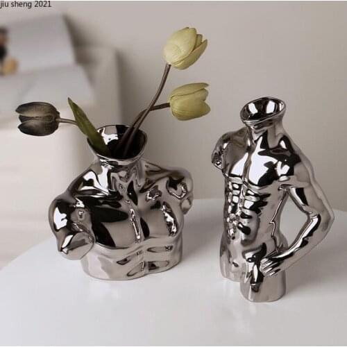 European-style Ceramic Human Body Vase Electroplating Silver Flower Arrangement Creative Figure Nude Flower Vase Home Decoration