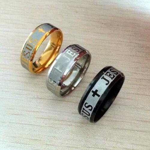 Large Size 8mm Silver Gold Stainless Steel Prayer Jesus Cross Letter Bible Wedding Band Ring for Men Women Five colors