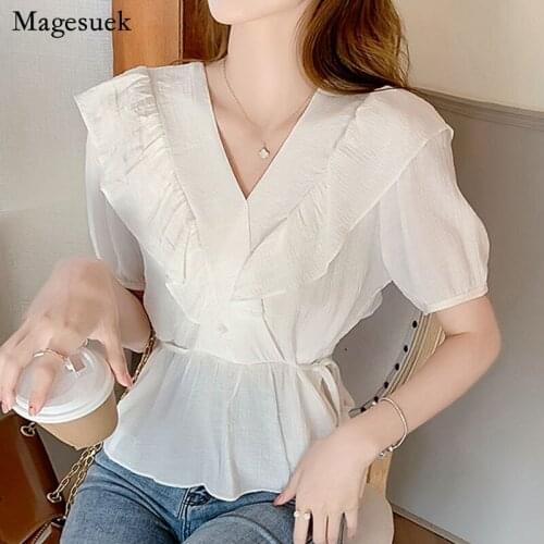 Korean Fashion Plus Size Chiffon Shirts Ruffle Stitching V Neck Sweet Lace-up Tops Summer Slim White Women Blouses Blusas 15395