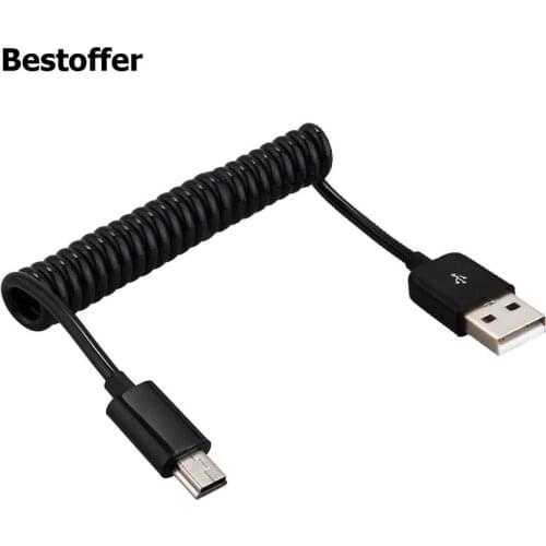 Mini USB Cable Spiral Coiled USB 2.0 Type A Male to Mini B 5-Pin Male Data Sync & Charger Lead