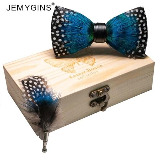 JEMYGINS 2020 Brand fashion Men bow tie blue feather handmade bow brooch gift box set wedding performance gift