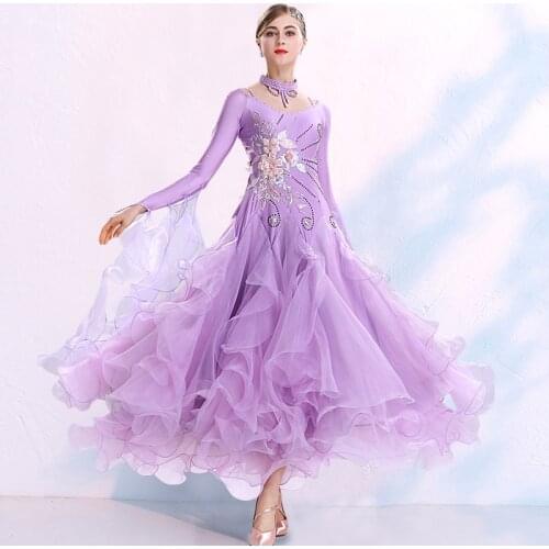 New Modern Ballroom Dance Costumes For Women Long Sleeve Diamond Lace Dresses Ladies Waltz Stage Performance Clothes DQL3335