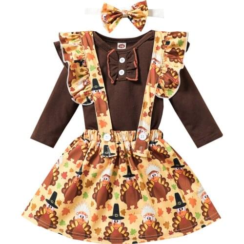 Citgeett Autumn Thanksgiving Day Toddler Baby Girls Outfits Long Sleeves Romper + Cartoon Turkey Suspenders Skirt + Hairband Set