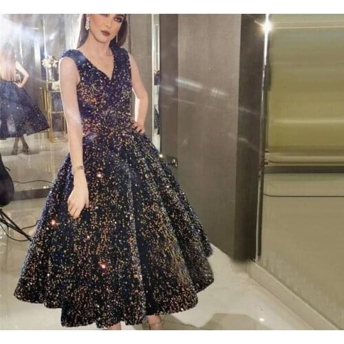 Womens Sequin V-Neck Tea Length Tulle Pleated Pink Evening Dresses V-Back Floor Length Formal Dinner Party Dresses