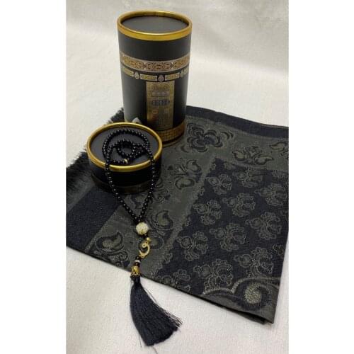 Dowries Gift Kaba Pattern Boxed Prayer Rug Set Luxury Taffeta Prayer Mat, Black Pearl Rosary Prayer Worship Islamic Prayer Beads Set Gift