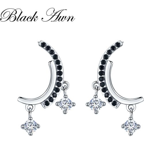 [BLACK AWN] Trendy 925 Sterling Silver Jewelry Black Spinel Moon Wedding Stud Earrings for Women Female Bijoux I011