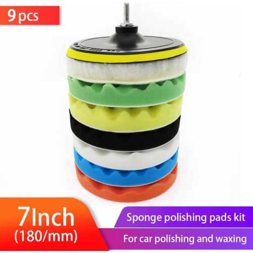 9pcs 7Inch Buffer Sponge Pad Set Woolen Car Polishing Pad Kit Auto Buffing Waxing with M14 Drill Adaptor For Car Cleaning Tools