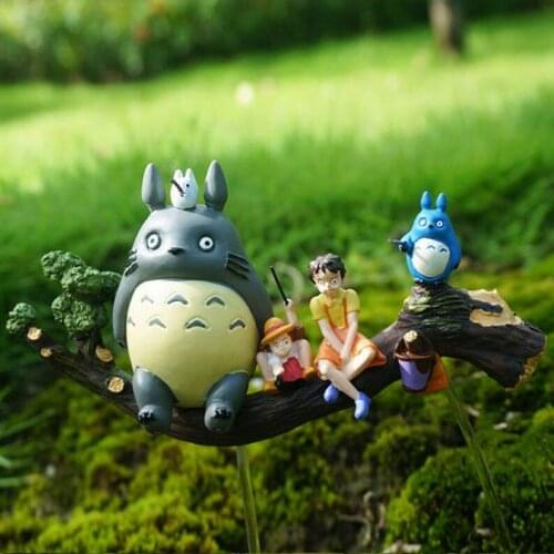 Fairy Garden Miniature Set of 5 Totoros and Girl Sit on Branch Fishing Ghibli Figurines Terrarium Accessories Animal Figurines