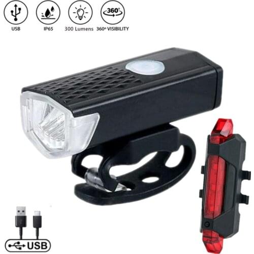 Bicycle Headlight Taillight Set USB Rechargeable 300 Lumens LED Bike Light Waterproof MTB Road Bike Cycling Safety Warning Light