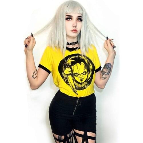 QICIUS Summer Women Creepy Doll Print Short Top Tee Dark Academia T Shirt Short Sleeve E Girl Gothic Clothes Aesthetic Clothing