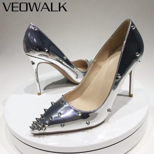 Veowalk Silver Patent Women Spikes Stiletto Pumps Sexy Ladies Slip On Pointy Toe High Heel Party Shoes with Studs Size 33-45