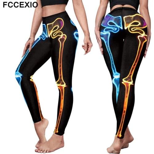 FCCEXIO Women Sexy Tight Leggings Two-Color Fluorescent Skeleton 3D Print Halloween Trousers Elastic Hip-Lift Push Up Leggings