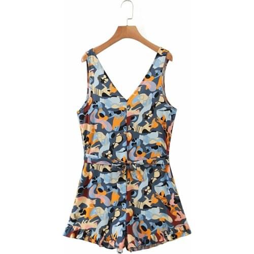 Fashion Beach Style Floral Print Summer Sleeveless Playsuits With Belt Women Stylish Cat Print Short Jumpsuits Femme