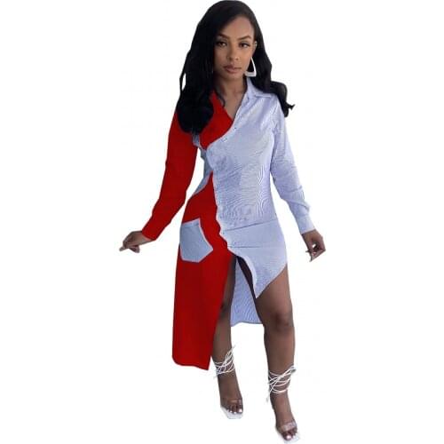 Women Striped Patchwork With Pockets Irregular Shirt Dress 2021 Summer Fashion New Long Sleeve Streetwear Long Blouse Dress Robe