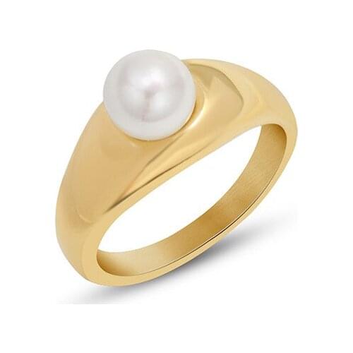 2021 New Stainless Steel Imitation Pearl Rings For Women Vintage Metal Texture 18 K Finger Ring Accessories Anillos Mujer Gift