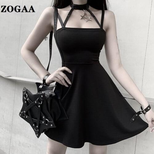 ZOGAA Halter Black Mini Dress Gothic Dress Female Sexy Hollow Out Bandage Slim High Waist Sleeveless Women Dress Harajuku Punk