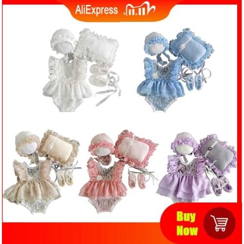 4Pcs Newborn Photography Props Suit Lace Romper Hat Pillow Headband Set Knit Outfits Clothing Infants Shooting Gifts