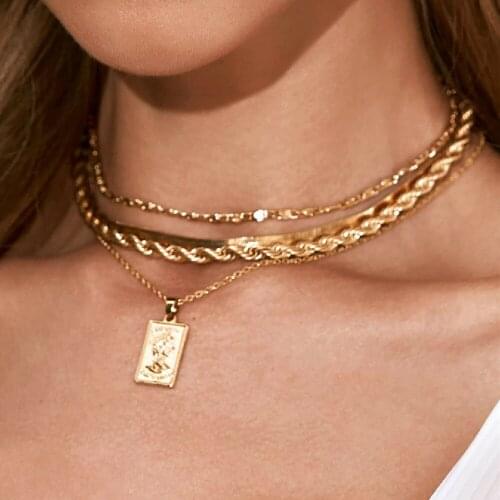 4Pcs/Set Multi Layer Carved Coin Portrait Pendant Necklaces for Women Vintage Thick Twisted Rope Chain Choker Necklace Jewelry