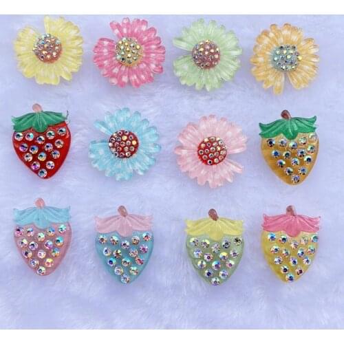 6PCS Mixed Resin Shiny Chrysanthemum / Strawberry Flat Back Cabochon Miniature Pattern Ornament Craft DIY Scrapbook C38