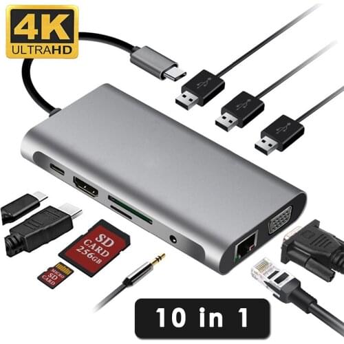 10 in 1 1080P 4K VGA Hub Adapter Type-C to HDMI-compatible RJ45 Gigabit Ethernet TF SD USB 3.0 TypeC 3.5mm Jack for ,MacBook Pro