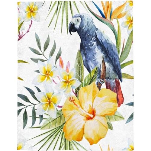 Watercolor Blue Parrot Printed Flannel Blanket Soft Throw Blanket Machine Washable Blankets for Beds Customizable
