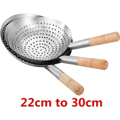 Large Big Thick Stainless Steel Mesh Strainer Colander wok wooden Handle Cookware Oil Flour Sifter Colander Kitchen Cooking wok