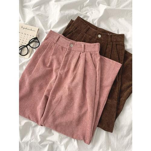 High Waist Corduroy Wide Leg Pants Female Vintage Brown Pink Straight Trouser Autumn Winter Women Casual Harajuku Bottoms 2021