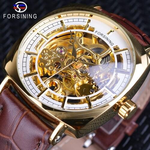 Forsining Classic Golden Mens Mechanical Openwork Wristwatches Top Brand Luxury Brown Leather Square Case Male Creative Clock