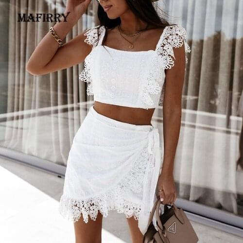 Elegant Women Solid Lace Patchwork Two Piece Set Summer Sexy Backless White Skirt Matching Suit Lady Sleeveless Zip Slim Outfit