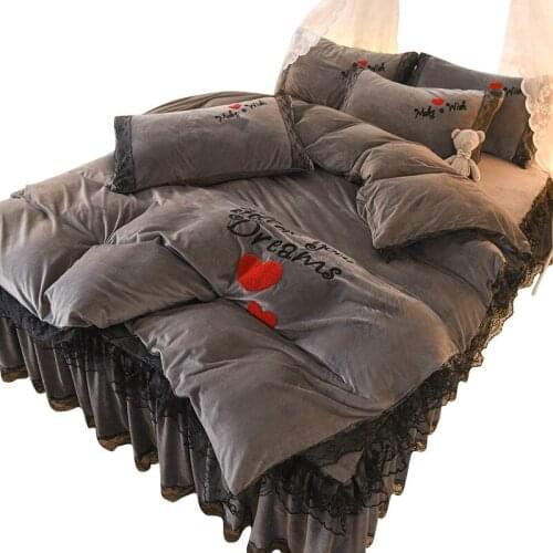 Fleece Thermal Bed Skirt Four-Piece Double-Sided Fluff Lace Bedspread Coral Velvet Thickened bedding home