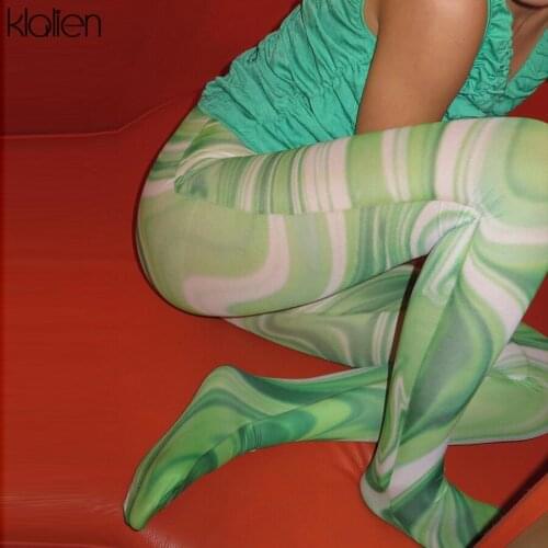 KLALIEN 2021 Spring Fashion Print Milk Silk Stretch Slim-fit Tight Leggings Womens Casual Breathable Skinny Rompers Trousers