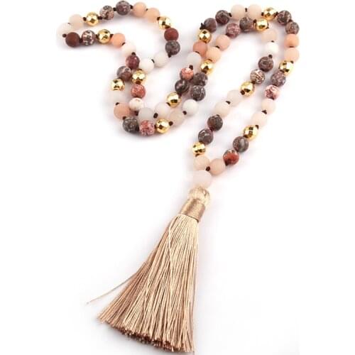 Fashion Natural Stone Leopard Strpe beads Knotted Long Tassel Necklace Free Shipping