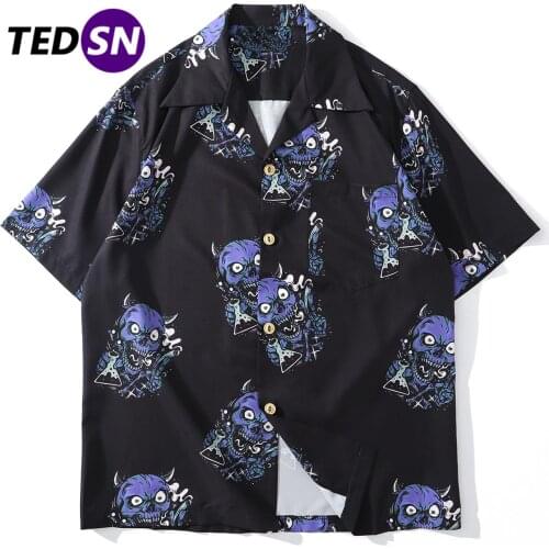 Hip Hop Skull Demon Printed Shirts Men 2020 Summer Tops Oversized Streetwear Short Sleeve Hawaii Shirt Loose Shirt