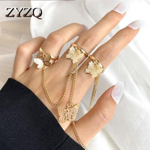 ZYZQ Punk Cool Hip Pop Butterfly Rings Multi-layer Adjustable Chain Four Open Finger Rings Alloy Man Rings for Women Party Gift