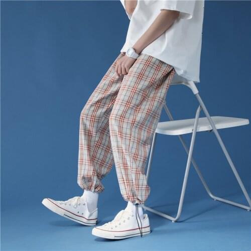 Mens Plaid Casual Harem Pants Korean Man 2021 Loose Ankle-Length Trousers Harajuku Streetwear Hip Hop Joggers Male Clothing
