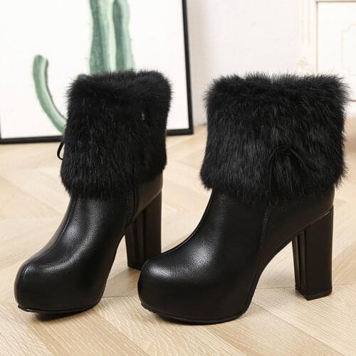 2021 New High Quality Fur Leather Chelsea Boots Women High Heels Platform Ankle Boots For Women Round Toe Autumn Winter Shoes
