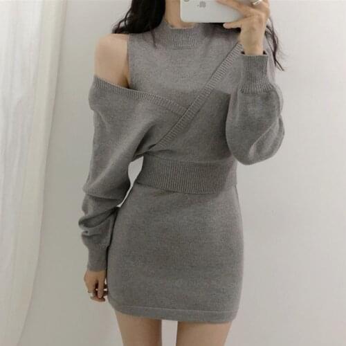 Autumn French retro sexy Two Piece Suits Slim Bat sleeve Bodycon Casual off-the-shoulder Knitted Sweater Sets Mini Grey Dress