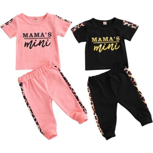 0-3Y Baby Clothes Summer Girl Short Sleeve Letter T-Shirt Leopard Patchwork Pants Kids Outfits 2pcs Tracksuit Set