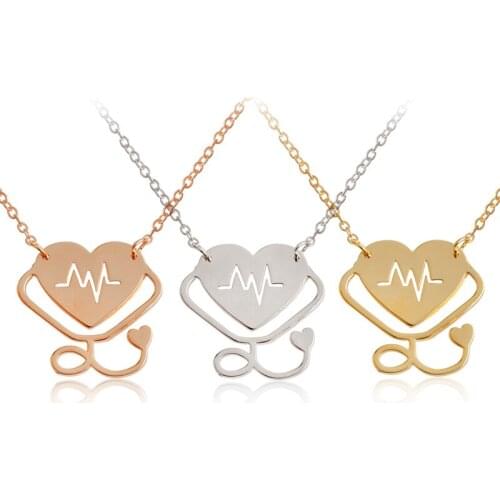 Doctor Stethoscope ECG Couple Necklace Fashion Heart Shaped Hollow Pendant Charm Choker Necklace Woman Man Cosplay Jewelry Gift