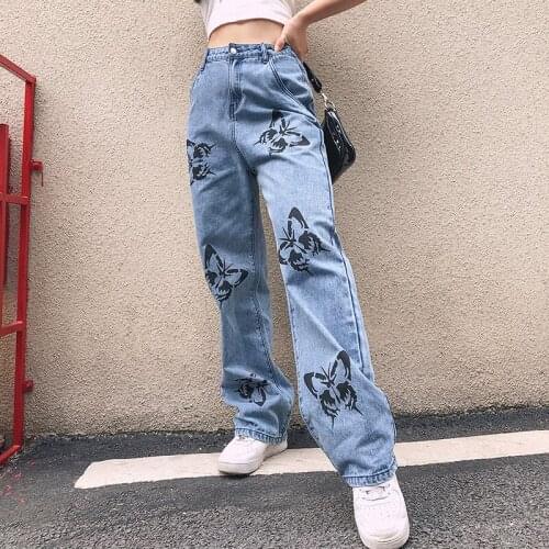 Butterfly Printed Straight Pants Women Casual Harajuku Denim Long Trousers Ladies Streetwear Fashion Jeans Female