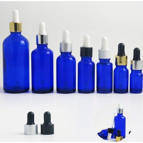 20pcs 100ml 50ml 30ml 20ml 15ml 10ml 5ml empty blue glass dropper bottle e liquid essential oil bottle cosmetic container