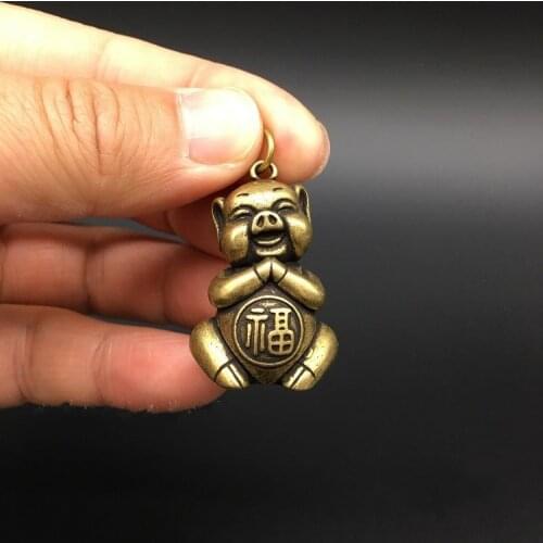 Collectable Chinese Brass Carved Animal Zodiac Pig Exquisite Small Pendant Statues